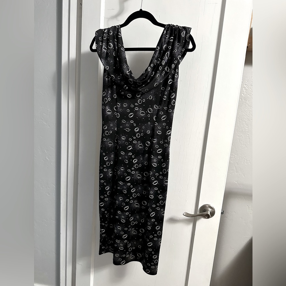NWT, Tatyana black and silver pencil dress, cowl neck and back, back slit